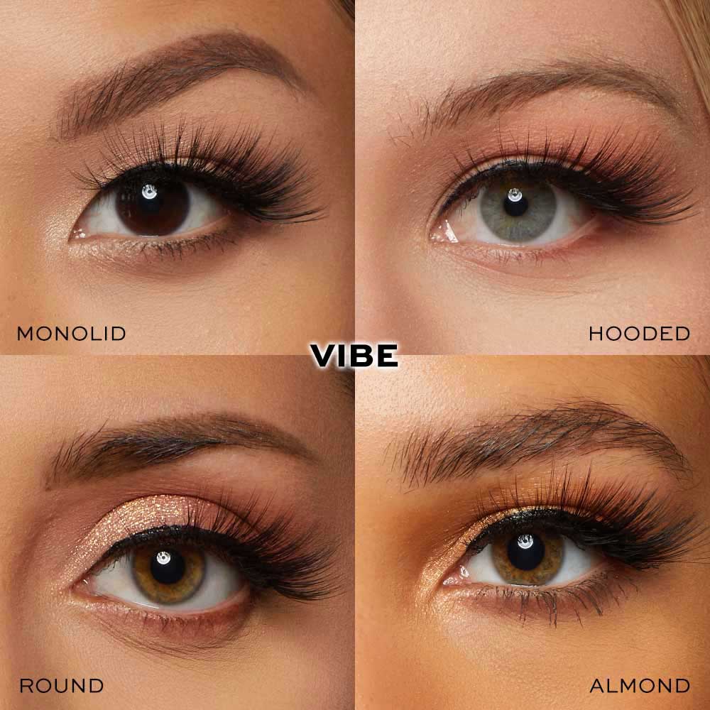 A collage displays four eye shapes—monolid, hooded, round, and almond—each labeled and styled with glamnetic Vivid Volume faux mink lashes and shimmering eyeshadow. “VIBE” stands boldly at the center. - Product image