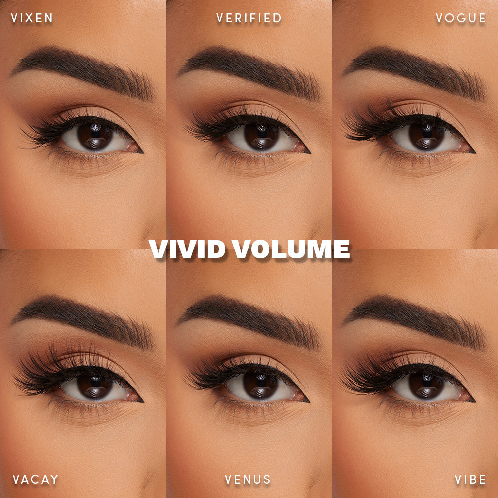 A grid displays six close-ups of eyes, each wearing a different glamnetic Vivid Volume faux mink lash style—Vixen, Verified, Vogue, Vacay, Venus, and Vibe—with "Vivid Volume" centered among these vegan-friendly lashes. - Product image