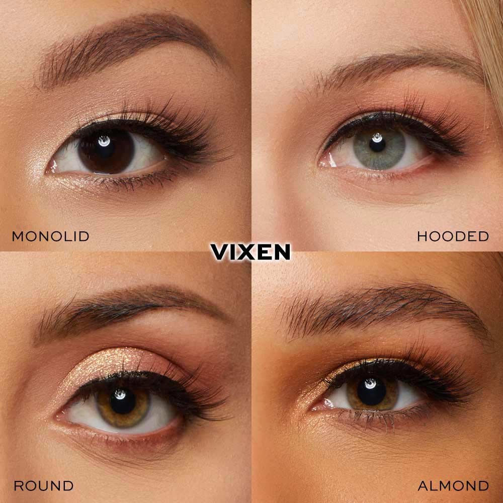 A collage shows four close-up eye makeup looks labeled monolid, hooded, round, and almond. Centered between is "Holiday Hottie" by glamnetic, highlighting voluminous lashes for every unique eye shape. - Product image