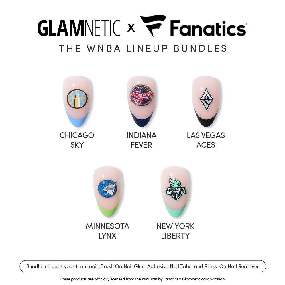 The WNBA Lineup Bundles by glamnetic includes five artificial nails, each showcasing a different WNBA team logo—Chicago Sky, Indiana Fever, Las Vegas Aces, Minnesota Lynx, and New York Liberty—along with nail glue, tabs, and nail remover. - Product image