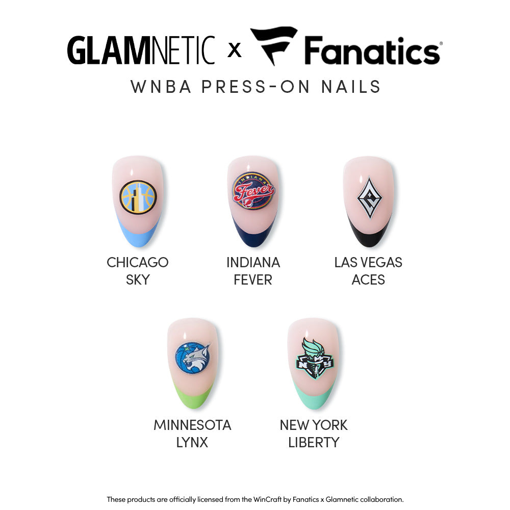 Five glamnetic WNBA Press-On Nails, each featuring the logo and name of a different team—Chicago Sky, Indiana Fever, Las Vegas Aces, Minnesota Lynx, and New York Liberty—are displayed on a white background in a Glamnetic x Fanatics promotion.