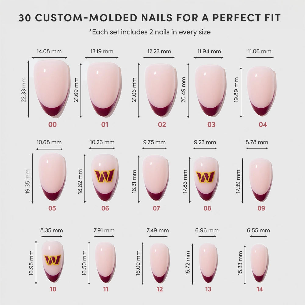 The glamnetic Washington Commanders Press-On Nail Set features 30 nails in assorted sizes, each numbered with millimeter dimensions. Design includes blush pink bases, dark pink French tips, and geometric gold fan art. Text outlines nail fit and set contents. - Product image