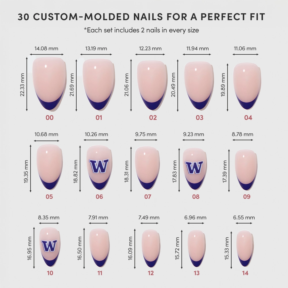 The glamnetic Washington Huskies Press-On Nail Set features 15 sizes (2 nails each, 30 total), each in millimeter measurements, with a pink base and dark blue tips or W logos—perfect for game day. - Product image