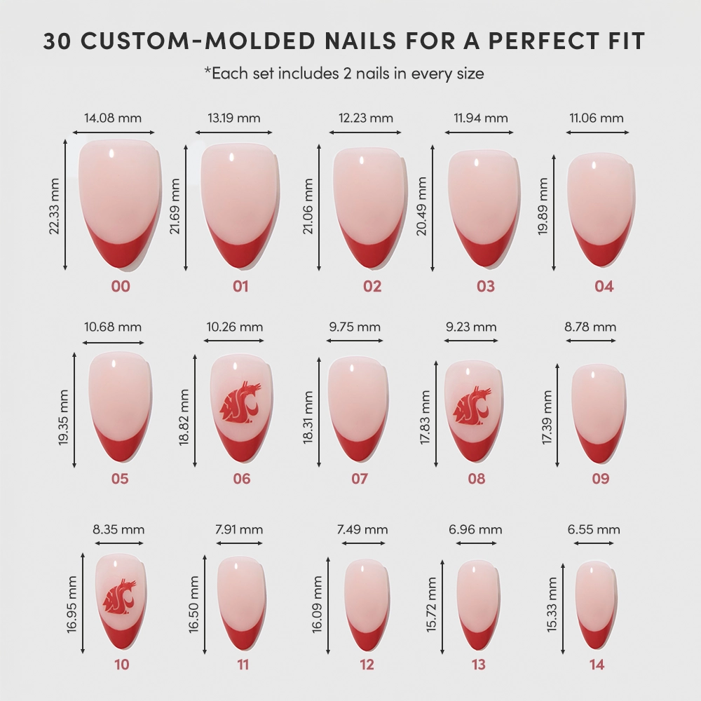 A chart shows 15 styles of Washington State Cougars Press-On Nails by glamnetic, labeled 01–15, with millimeter measurements. Each nail features pink designs with red tips or team logos. Heading: 30 Custom-Molded Nails for a Perfect Fit. - Product image