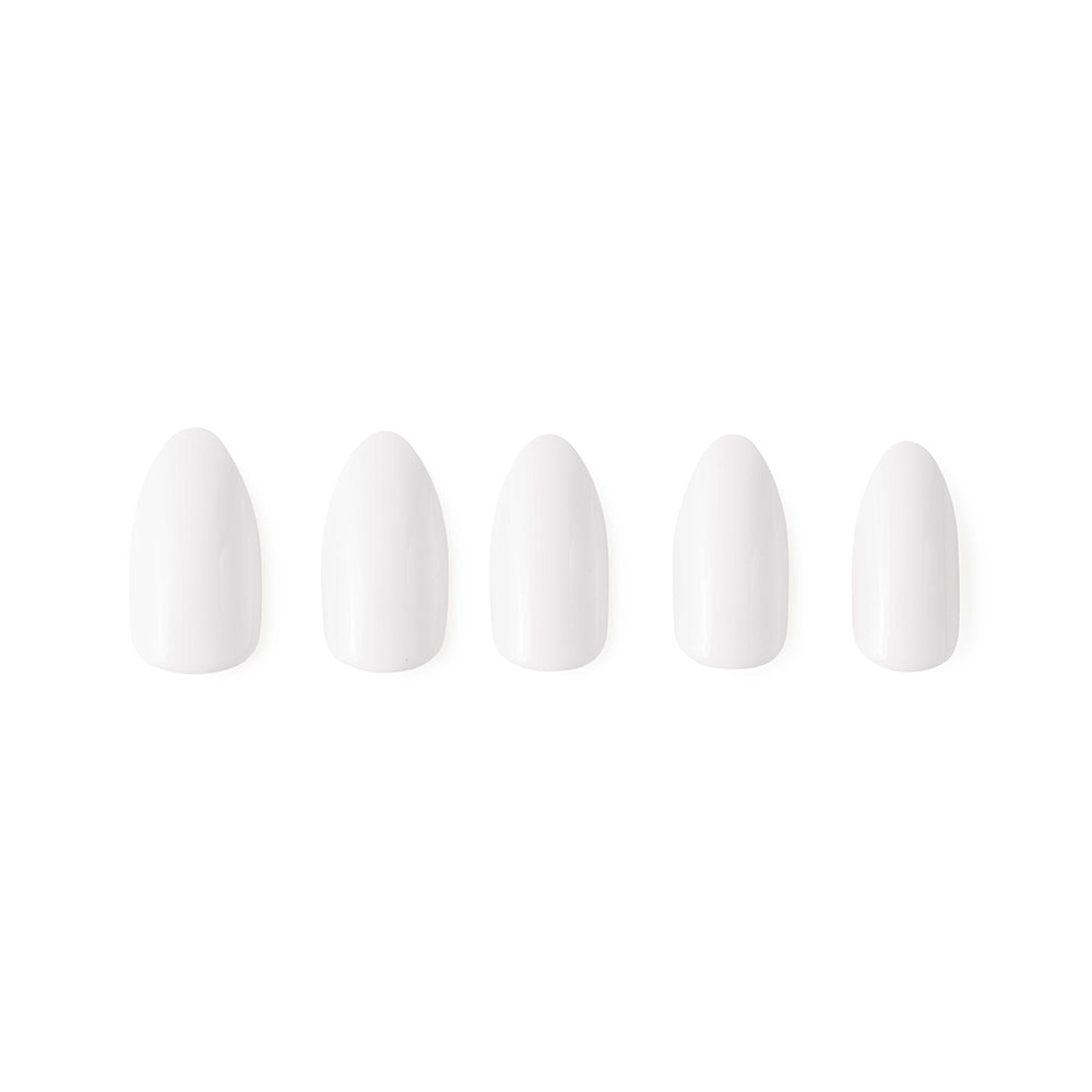 Five Angel artificial fingernails by glamnetic are arranged in a row on a white background, each featuring a smooth, glossy white finish and an elegant almond shape. - Product image