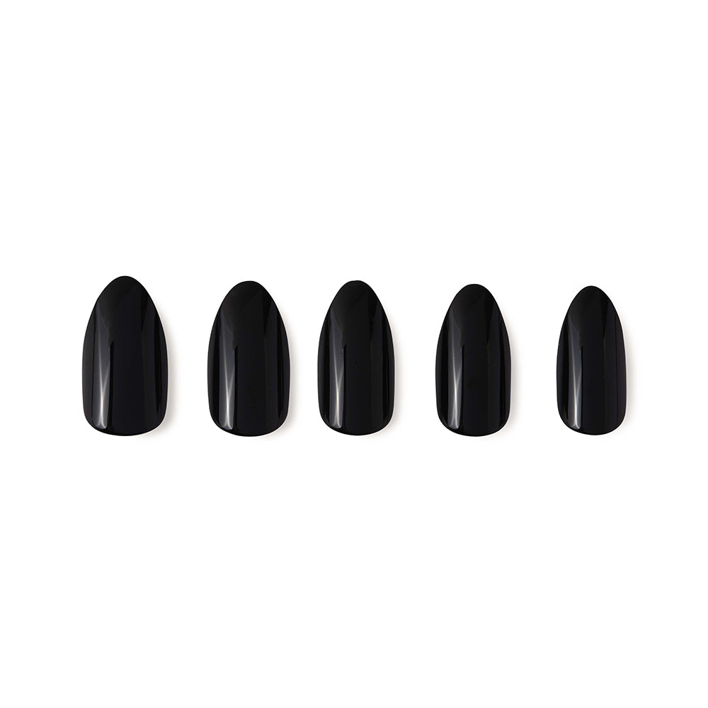 Five glossy black glamnetic Boba press-on nails are arranged in a row on a white background, highlighting their sleek almond-shaped design. - Product image