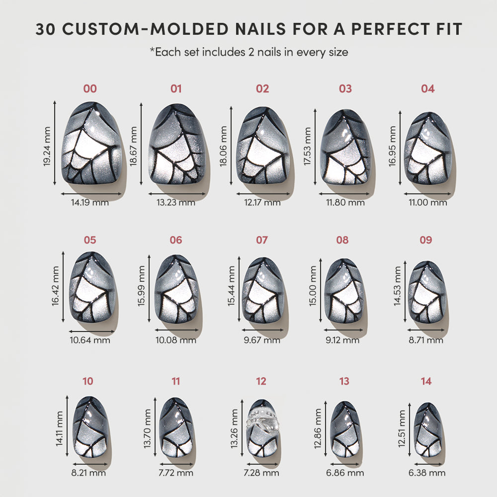 Here is your revised sentence using the provided data: The Weblings set by glamnetic includes 30 silver custom-molded press-on nails adorned with black and white web designs, presented in 15 numbered sizes for easy selection. Each nail displays width and height measurements in millimeters, with every size offering two short oval-shaped nails to ensure the perfect fit. - Product image