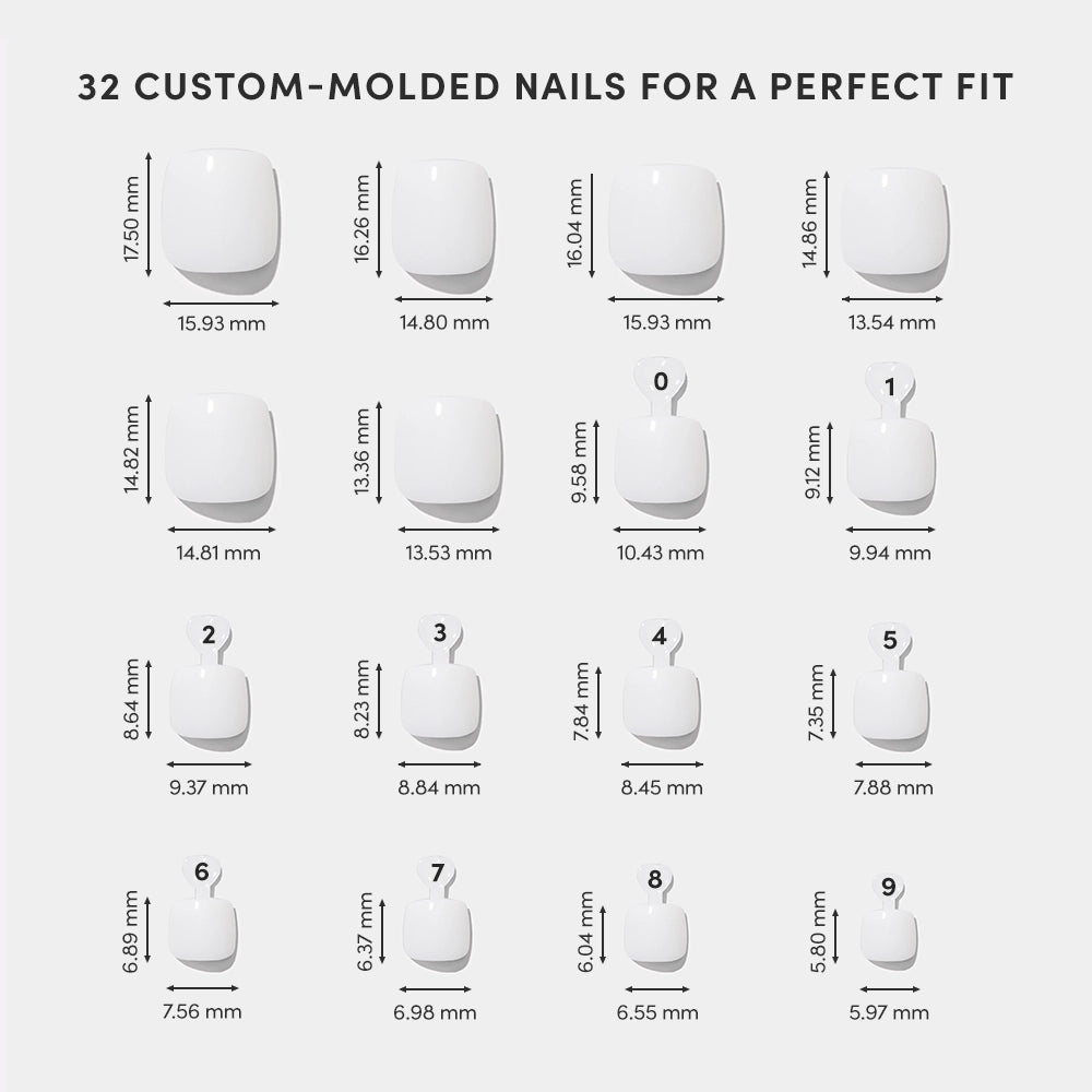 A chart shows 20 sizes of glamnetic White Swan Toenails, each glossy and custom-molded in white, labeled with width and length in millimeters, arranged in four rows for the ideal fit. - Product image