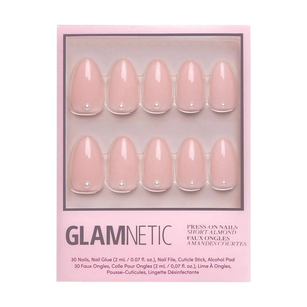 A box of glamnetic Wifey press-on nails in a short almond shape, featuring nude pink color with 3D pearl accents on each salon-quality nail. Includes 10 sample nails displayed in a windowed package. - Product image