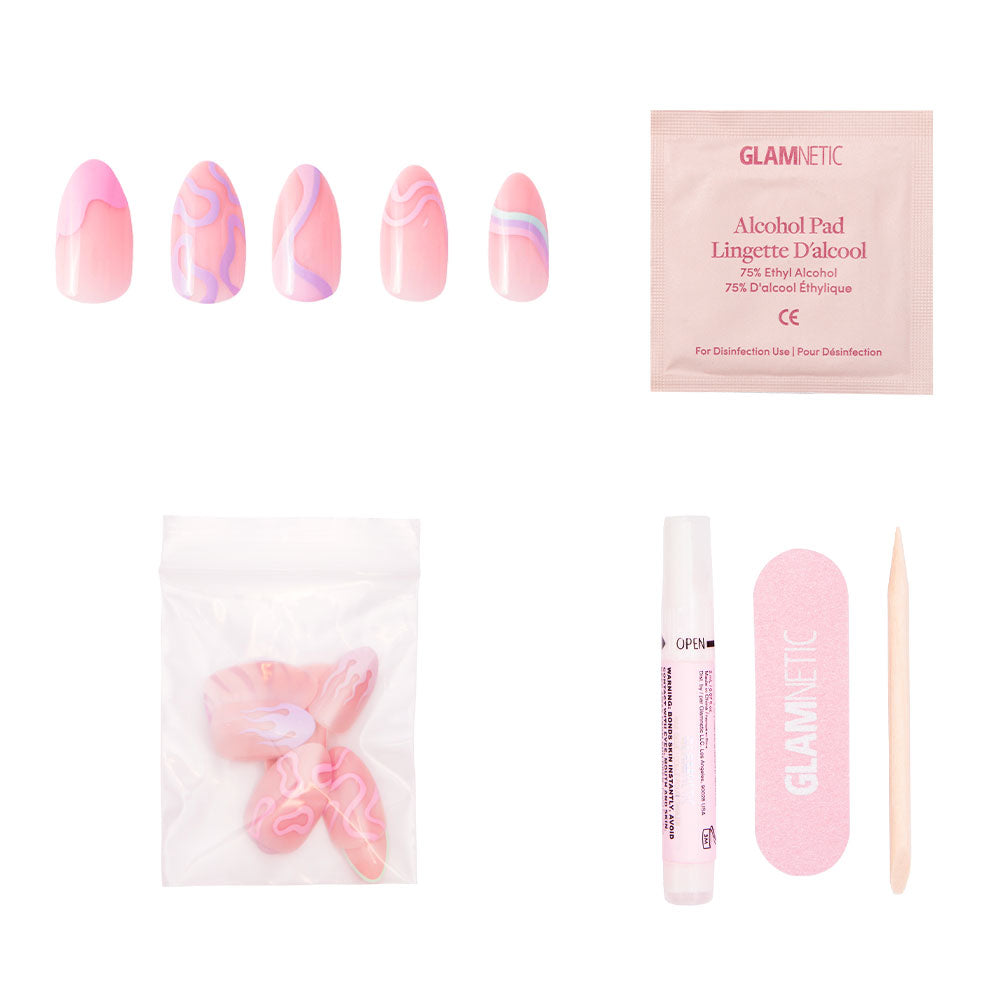 The glamnetic Wild Card kit includes semi-transparent almond-shaped pink and purple swirl press-on nails, an alcohol pad, wooden cuticle stick, nail file, nail glue, and extra artsy design pieces. - Product image