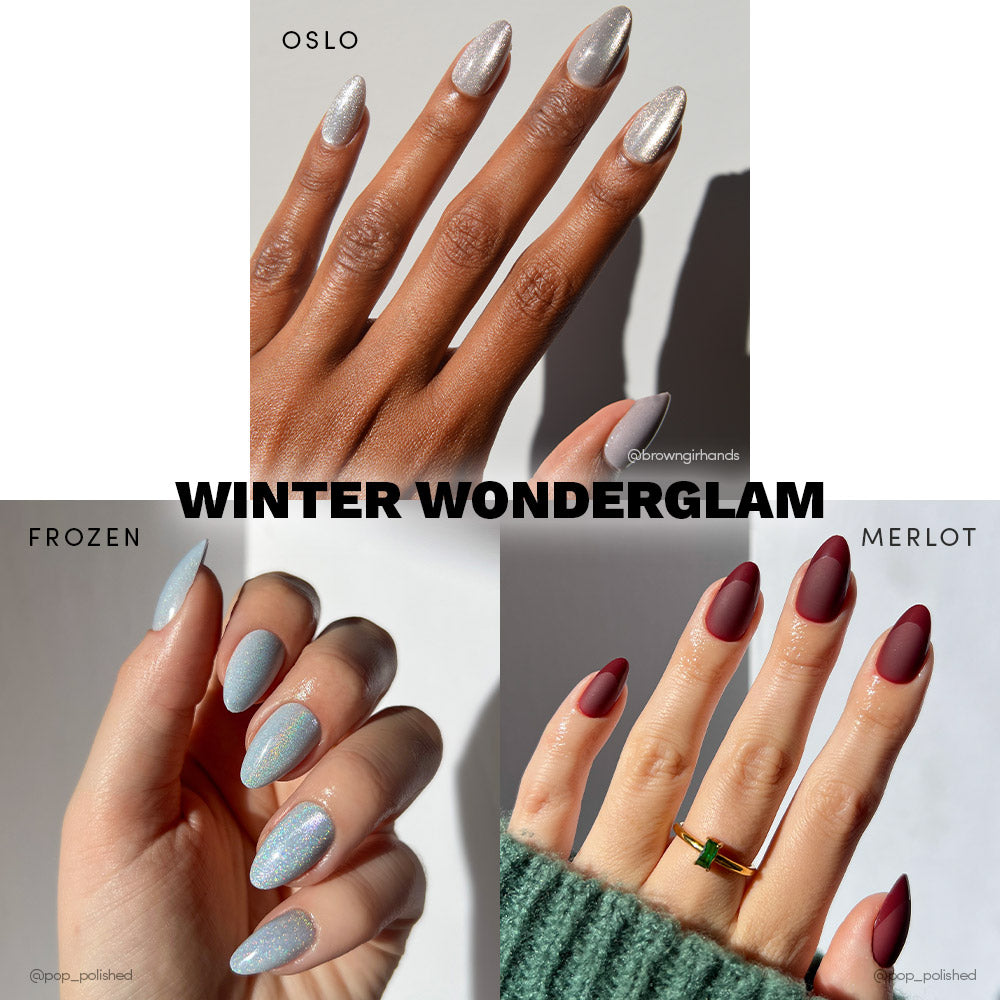 A collage of three manicured hands shows off almond nails in glamnetic’s Winter Wonderglam set: Oslo (silver glitter), Frozen (light blue cat’s-eye shimmer), and Merlot (matte burgundy), with the product centered. - Product image