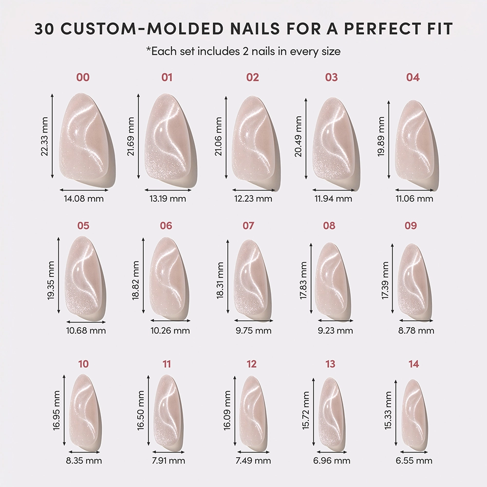 Nail sizing chart showing 15 pairs of press-on nails in graduated sizes, each in a nude shimmer tone with reflective swirl designs. - Product image