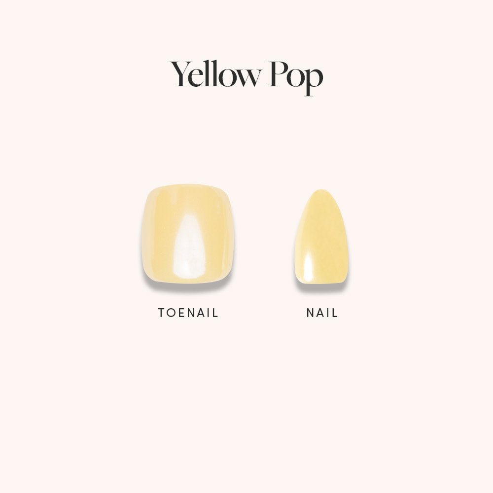On a light background, two yellow glamnetic Yellow Pop Mani Pedi press-ons are shown: a square toenail and an almond-shaped fingernail, both with a sunshine-yellow, high-gloss finish. Yellow Pop is displayed at the top. - Product image