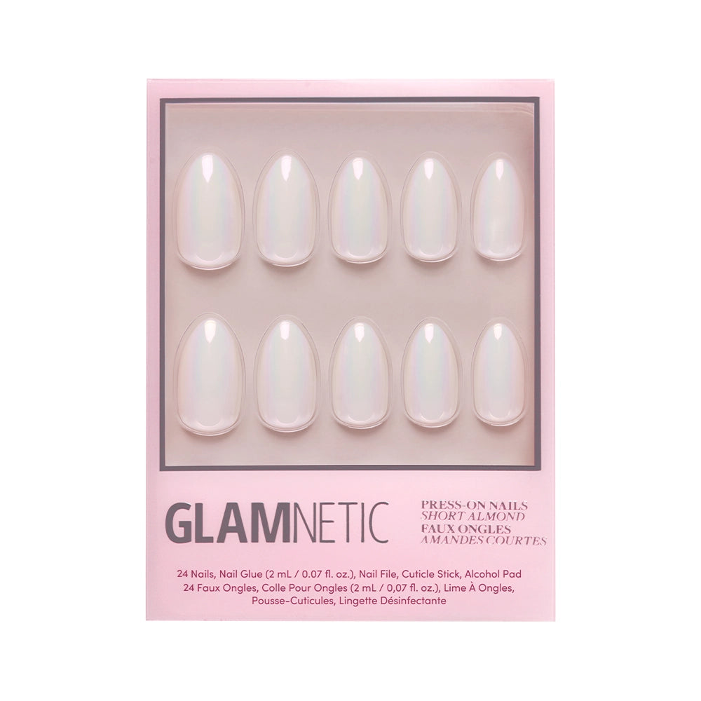 The glamnetic Moonlight kit includes 10 short, almond-shaped, iridescent pale pink nails with a pearlescent white finish and damage-proof protection, plus nail glue, file, cuticle stick, and alcohol pad. - Product image