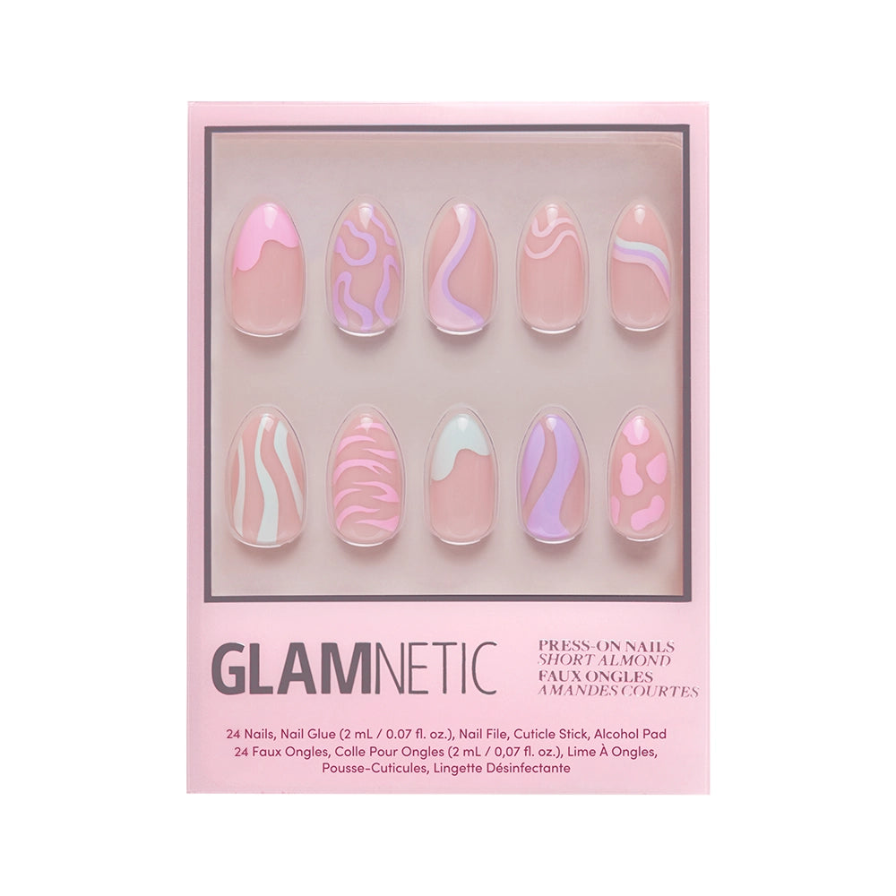Wild Card by glamnetic: a set of 10 semi-transparent almond-shaped press-on nails with abstract designs in white, light pink, and lilac, packaged in a pink Glamnetic box. - Product image