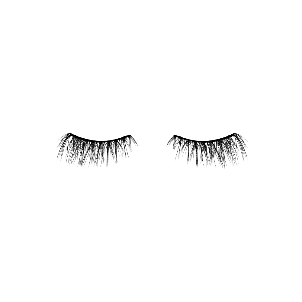 The glamnetic Precious false eyelashes are shown on a plain white background. These black, wispy lashes feature a cat-eye shape and invisible magnet technology, and are arranged side by side to resemble closed eyes. - Product image