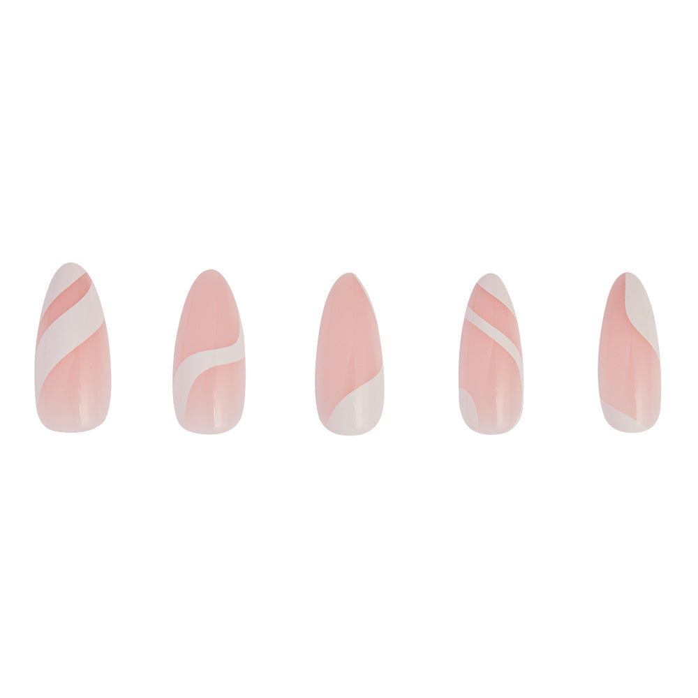 Five glamnetic Marshmallow Swirl press-on nails feature a medium almond shape, light pink base, and white abstract wavy designs. Vegan and cruelty free, theyre shown in a row on a white background. - Product image