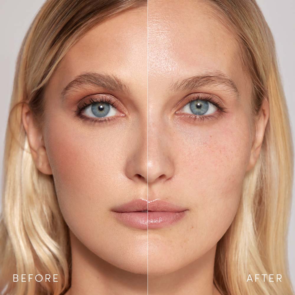 Close-up of a womans face split down the middle: the left, labeled Before, displays smooth, even-toned waterproof makeup; the right, labeled After, shows natural skin with redness and texture after using glamnetic Wipe Off. - Product image