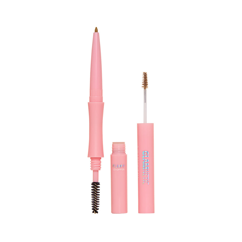The glamnetic 3-in-1 Brow It All kit in pink features a pointed brow pencil, a spoolie brush on the opposite end, and a brow gel tube with a “GLAMM” wand. - Product image
