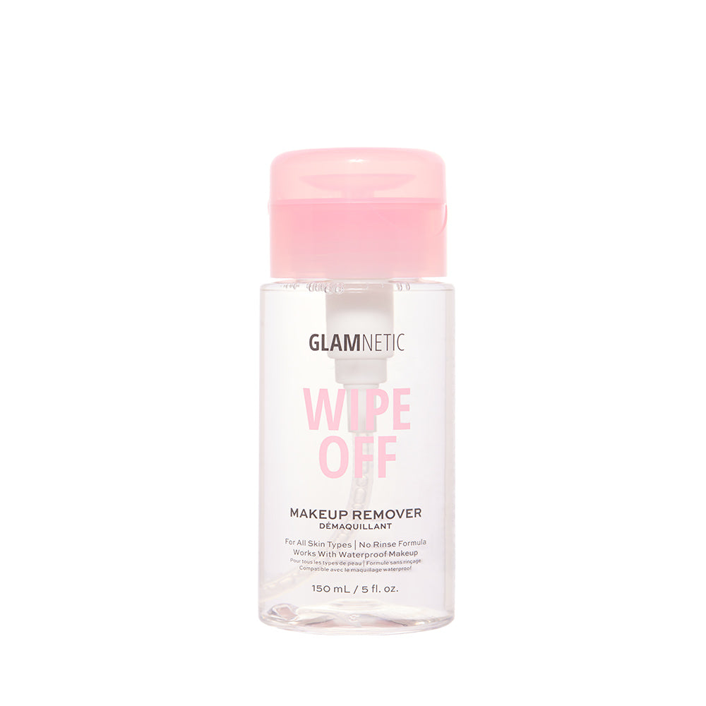 A clear 150 ml (5 fl oz) bottle of glamnetic Wipe Off Makeup Remover with a pink pump and label; suitable for all skin types, it gently removes even waterproof makeup. - Product image