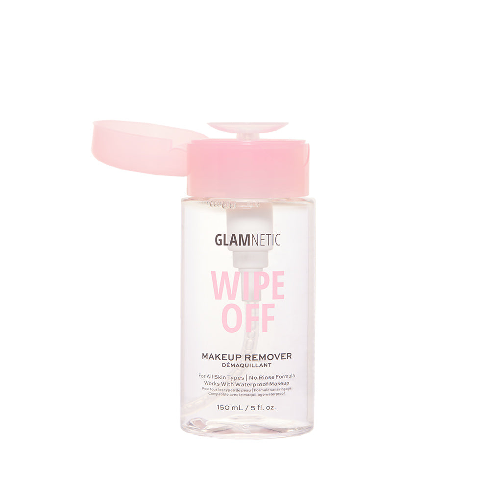 A clear 150ml bottle of glamnetic Wipe Off makeup remover with a pink pump and lid, designed as a gentle cleanser for all skin types and removes waterproof makeup, displayed against a white background. - Product image