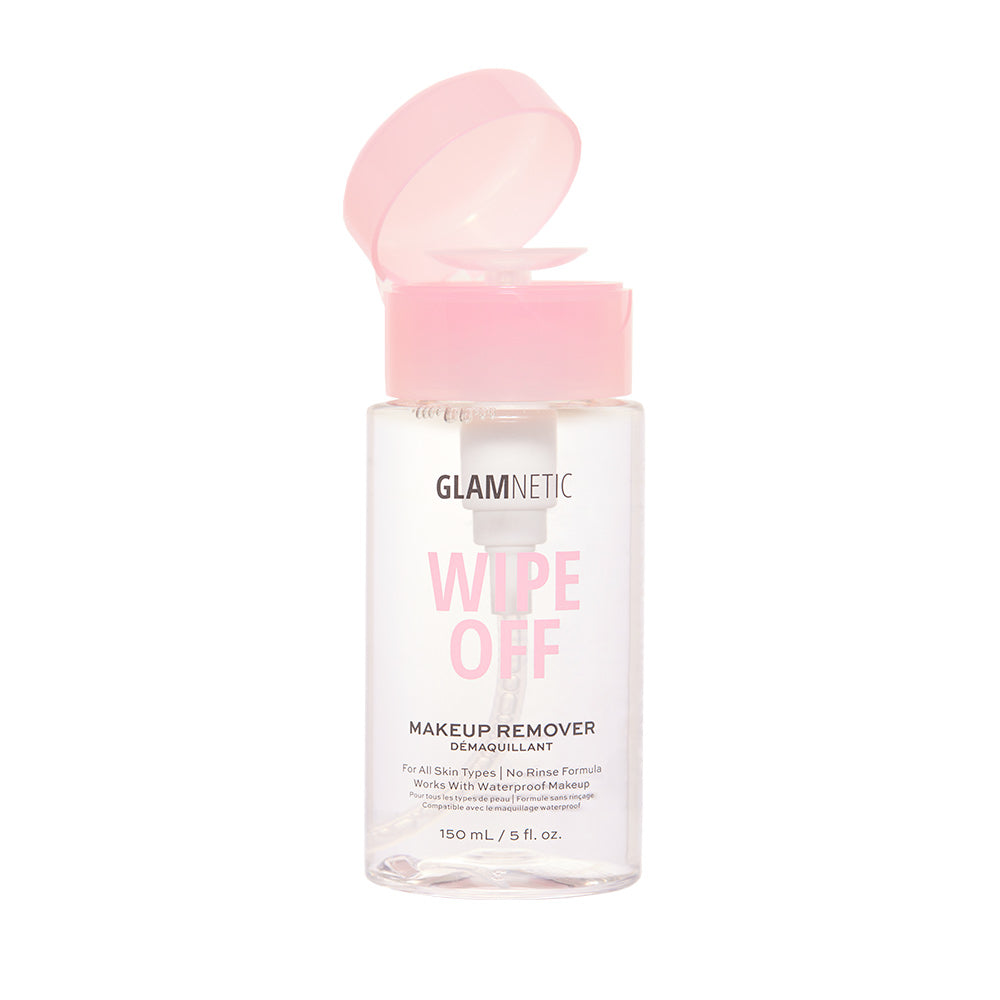 A 150 mL clear plastic bottle of glamnetic Wipe Off makeup remover with a pink pump lid, labeled for all skin types and effective on waterproof makeup (5 fl. oz.). - Product image