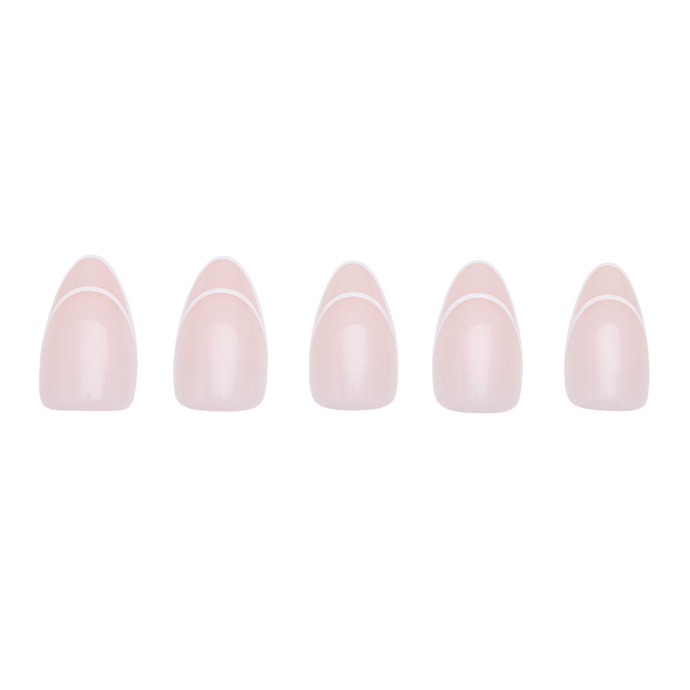 Five Heavenly nails by glamnetic, in a short almond shape, feature a nude pink base with a white curved tip for a modern French look—ideal for those seeking vegan and cruelty-free press-on manicure options. - Product image
