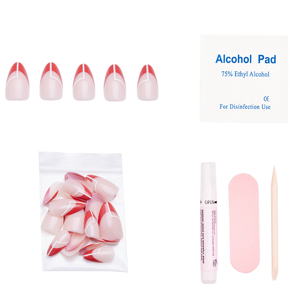 The glamnetic Red Martini set includes short-almond pink and red nails, extra nails, nail glue, a pink file, an alcohol pad, and a wooden cuticle stick, all displayed on a white background. - Product image