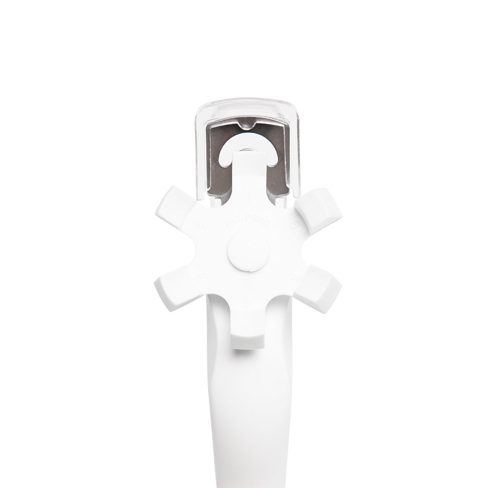 The glamnetic Snip & Shape is a white handheld can opener with a rotating knob and stainless steel blade, featuring a sleek, compact design like a press-on nail clipper, shown against a plain white background. - Product image