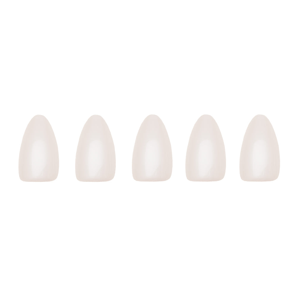 Five artificial, almond-shaped, nude-colored nail tips from the glamnetic Hailey set are evenly spaced in a row against a white background, ideal for creating a chic short almond look or the popular Glazed Donut mani trend. - Product image