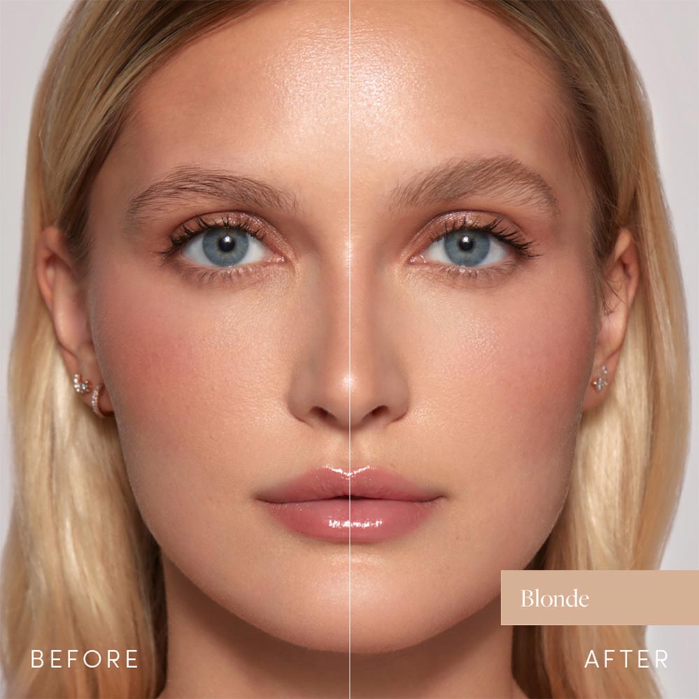 A womans face is split down the middle to compare before and after eyebrow looks. The left side shows lighter brows; the right has fuller, blonde brows labeled After Blonde using glamnetics 3-in-1 Brow It All brow pencil. - Product image