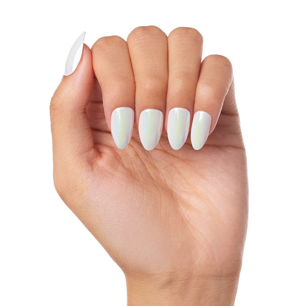 A hand with almond-shaped nails painted in glamnetic’s Moonlight, a glossy pearlescent white polish. The neatly manicured nails offer damage-proof protection, with fingers slightly bent against a white background. - Product image