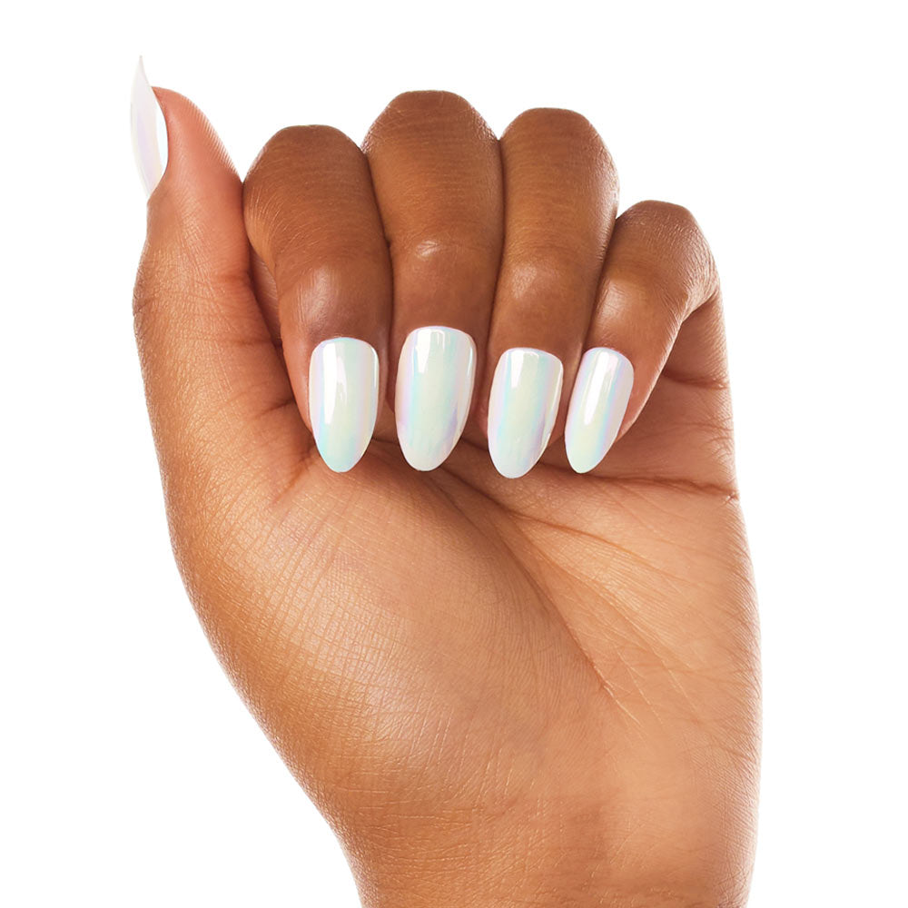 A hand with medium brown skin displays long, almond-shaped nails painted in glamnetics Moonlight, a pearlescent white polish that offers luminous, damage-proof protection. - Product image
