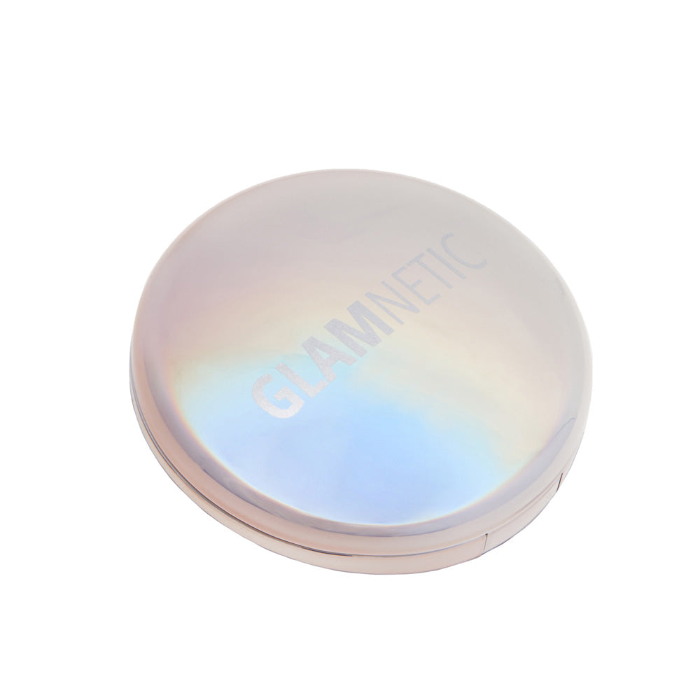 A round, iridescent Compact Mirror by glamnetic features LED lights and the brand name printed in metallic letters on the lid, shown against a white background. - Product image