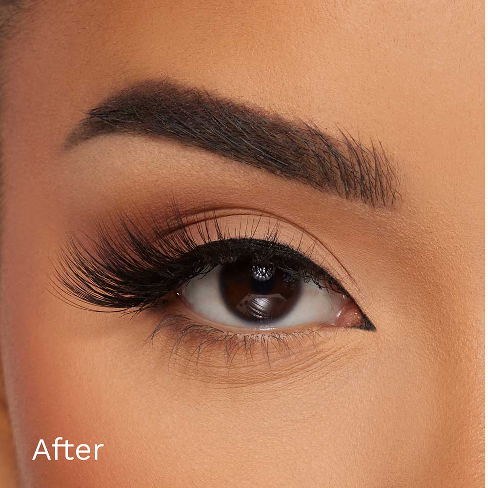 A close-up of an eye with full, dramatic glamnetic Vibe magnetic lash extensions made from synthetic fiber and a defined brow. After appears in the lower left, showing a makeup transformation. - Product image