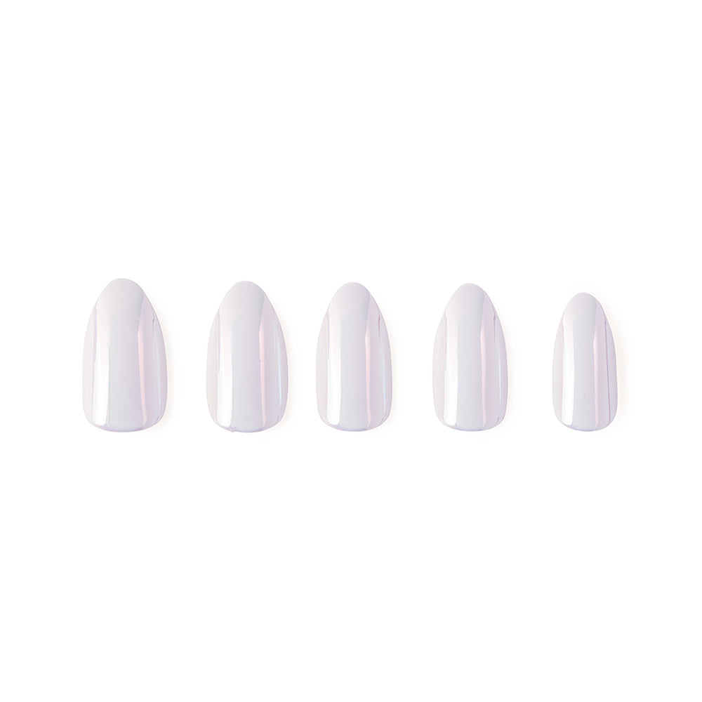 Five almond-shaped Moonlight nails by glamnetic, featuring a glossy pearlescent white finish, are arranged from largest to smallest on a white background, combining elegant style with durable, damage-proof protection. - Product image