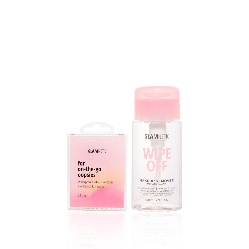 On the left: glamnetic Wipe Off & Go pre-filled makeup remover swabs; on the right: bottle of Wipe Off waterproof makeup remover. Both vegan essentials with chic pink accents. - Product image