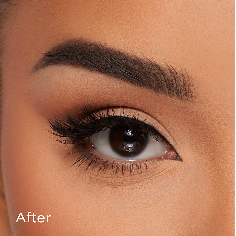 Close-up of a womans eye with well-defined eyebrow, dramatic eye makeup, black eyeliner, and long, voluminous glamnetic Babygirl vegan reusable lashes. After appears in the lower left corner. - Product image