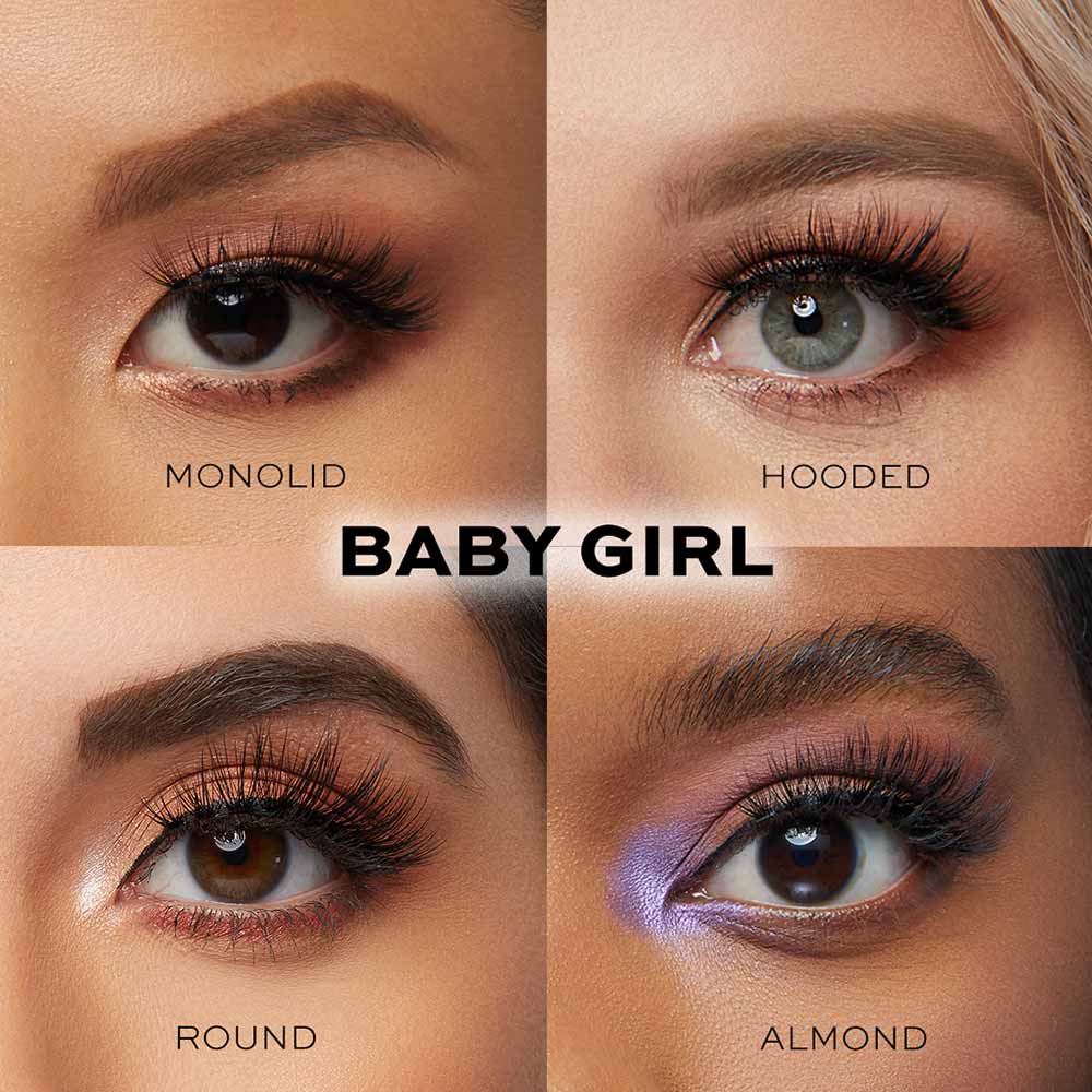 A grid of four close-up eyes—monolid, hooded, round, and almond—features glamnetic’s vegan Babygirl reusable lashes and bold makeup. “BABY GIRL” text appears in the center, celebrating every unique eye shape with this lash style. - Product image