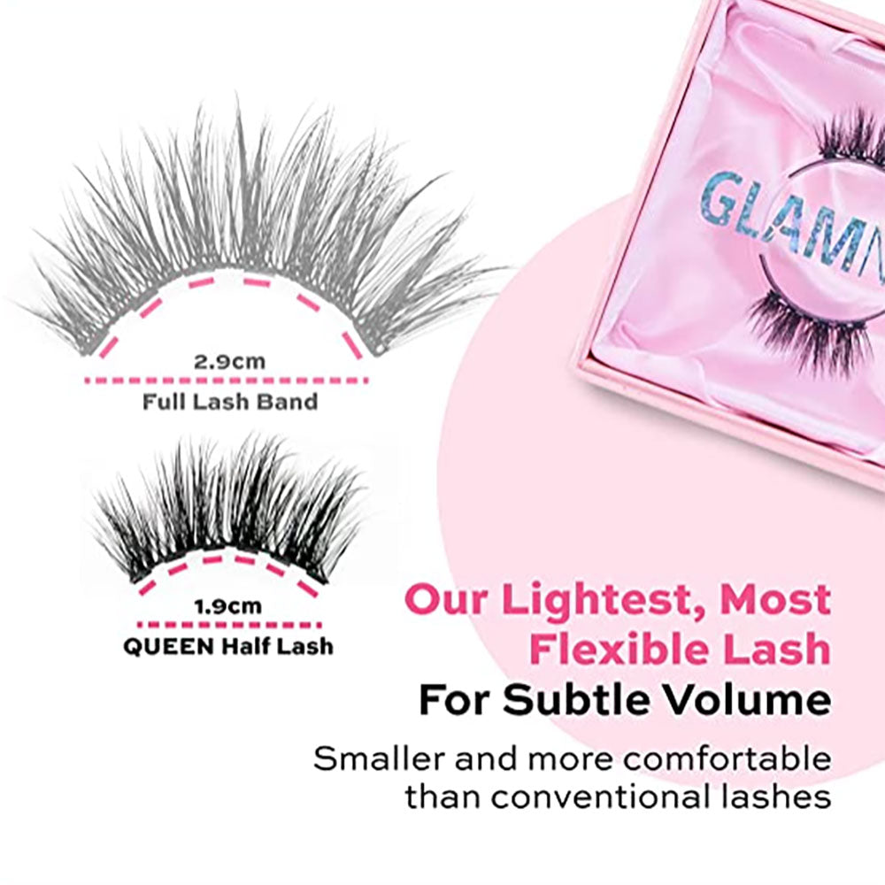 Two glamnetic lash bands are shown: a 2.9cm Princess full band and a 1.9cm QUEEN half band for a subtle cat-eye. A pink box with reusable lashes appears in the corner. Text highlights their light, flexible, and comfortable design. - Product image