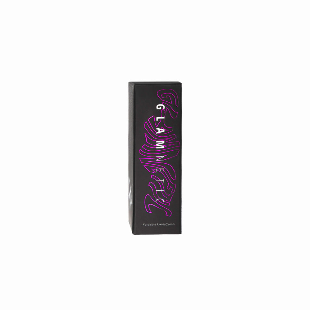 A black rectangular box with glamnetic in bold white letters outlined in purple on the side and Foldable Lash Comb at the bottom. Designed to store your metal bristles lash separator. Background is plain white. - Product image