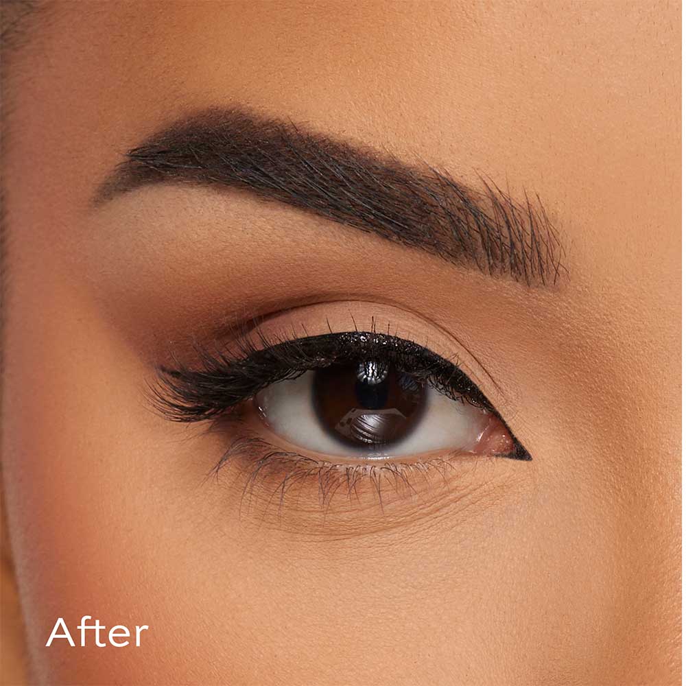 Close-up of a persons eye with well-defined brow, long lashes enhanced by glamnetic Precious, and sharp winged liner for a perfect cat-eye. Skin is smooth and makeup flawless. After appears in the lower left corner. - Product image