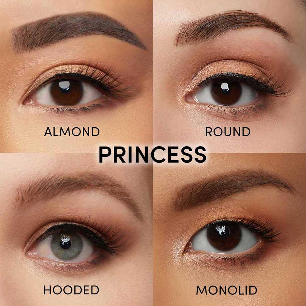 A collage of four close-up eyes—almond, round, hooded, and monolid—centers the word PRINCESS and showcases dramatic cat-eye looks using glamnetics Princess magnetic lashes. - Product image