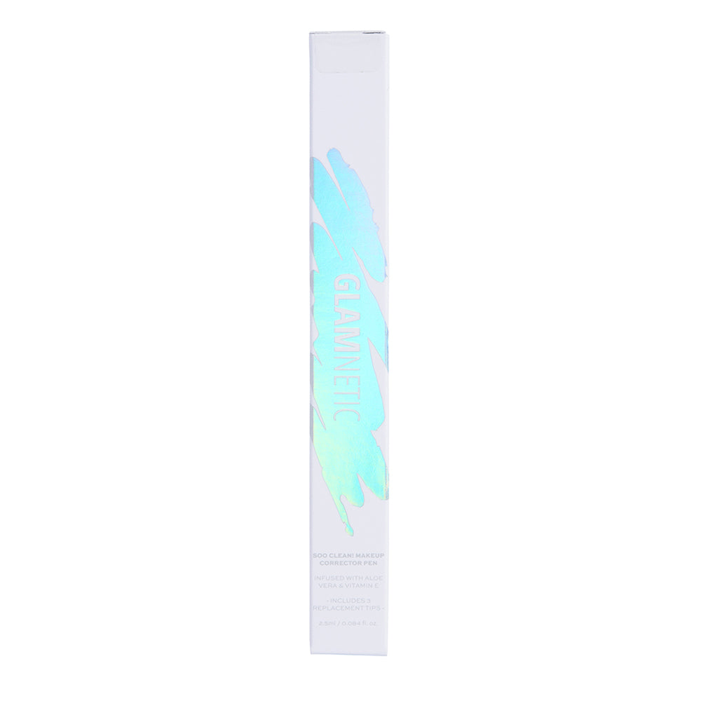 A white rectangular box with a holographic design and “glamnetic” in shiny letters stands upright—perfect for storing your Soo Clean! Jumbo Pen Makeup Corrector, infused with Vitamin E for gentle, effortless touch-ups. - Product image