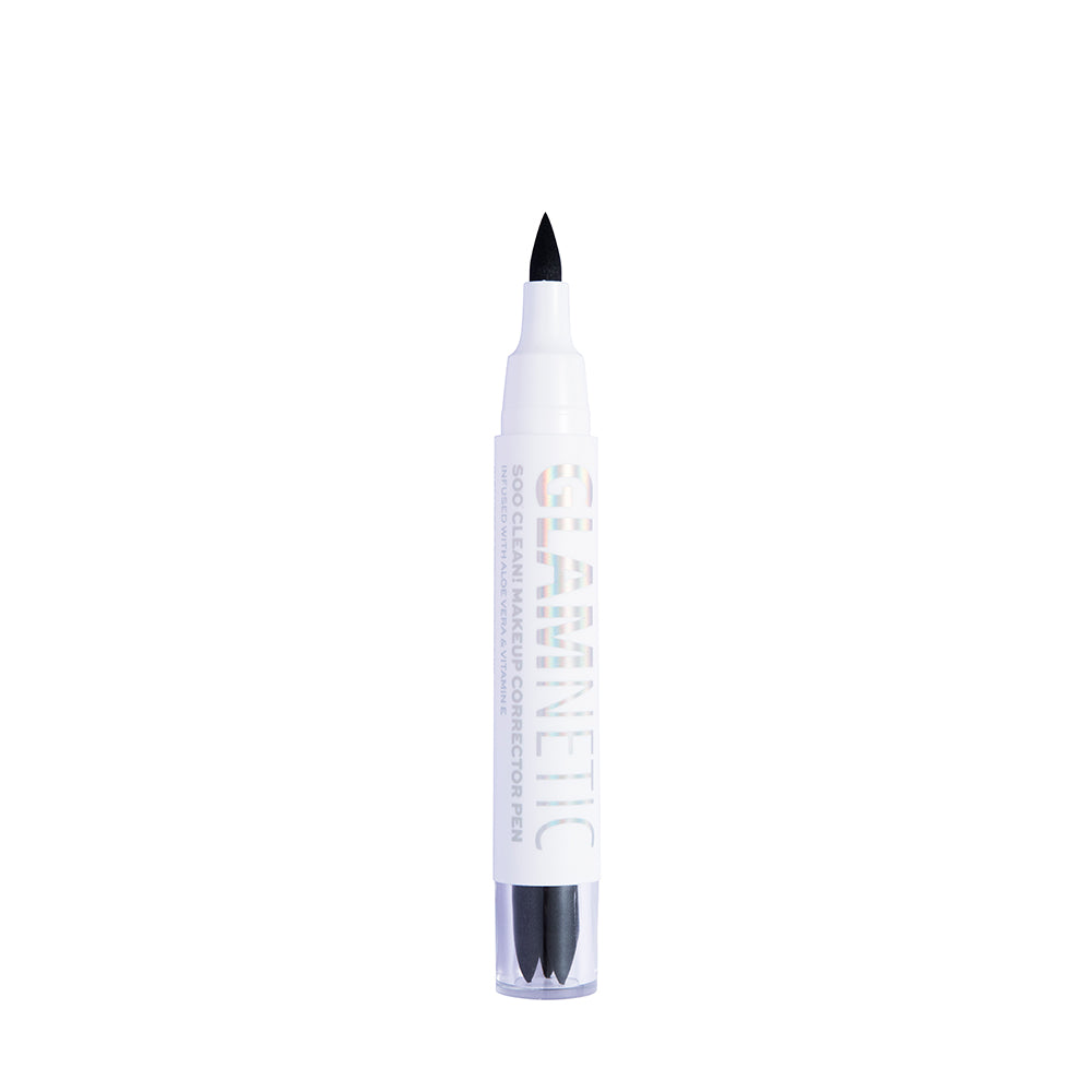 The glamnetic Soo Clean! Duo, a white makeup corrector pen with a black felt tip and infused with Aloe Vera and Vitamin E, stands upright against a plain white background. - Product image