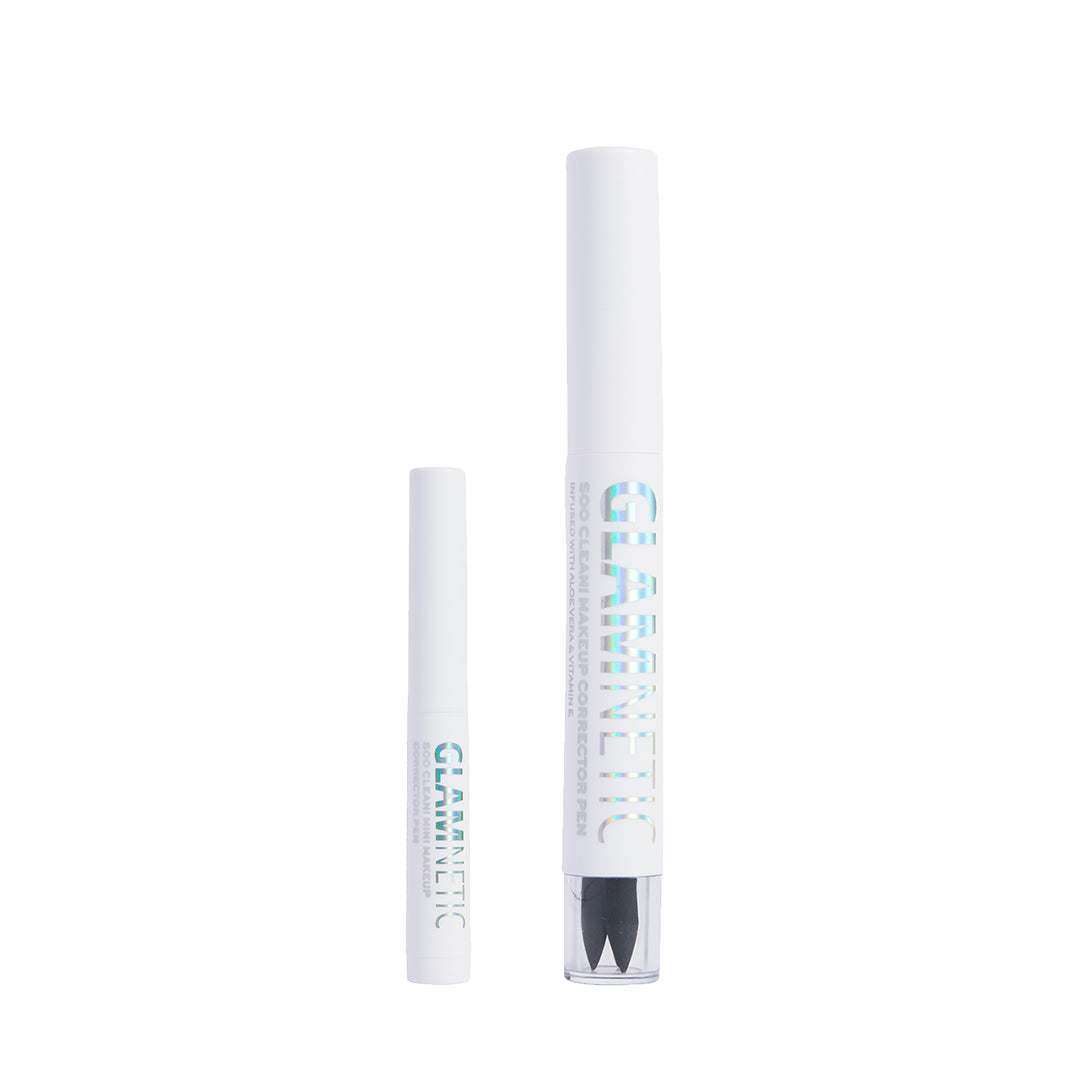Two white Soo Clean! Duo pens by glamnetic stand upright against a white background. The larger Makeup Corrector Pen has a clear cap showing black tips, ideal for touch-ups and enriched with soothing Vitamin E and Aloe Vera. - Product image