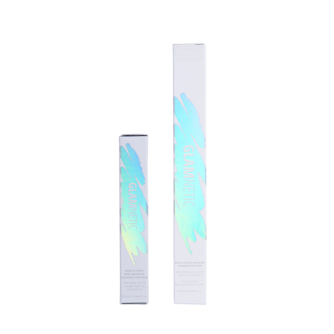 Two white rectangular boxes of different heights with iridescent glamnetic branding, labeled Soo Clean! Duo and containing Aloe Vera and Vitamin E, stand upright against a plain white background. - Product image