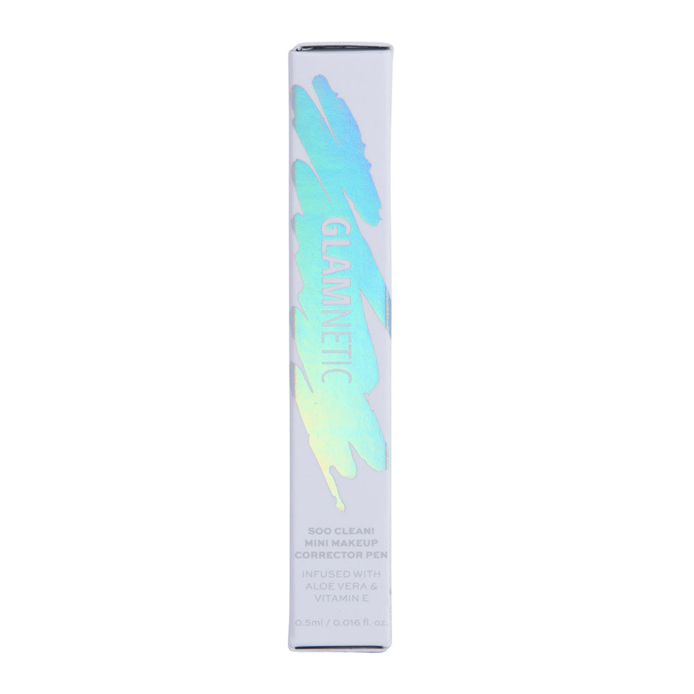 A rectangular box of glamnetic Soo Clean! Mini Pen, showcasing a holographic brushstroke design and text noting it as a makeup corrector with aloe vera and vitamin E. - Product image