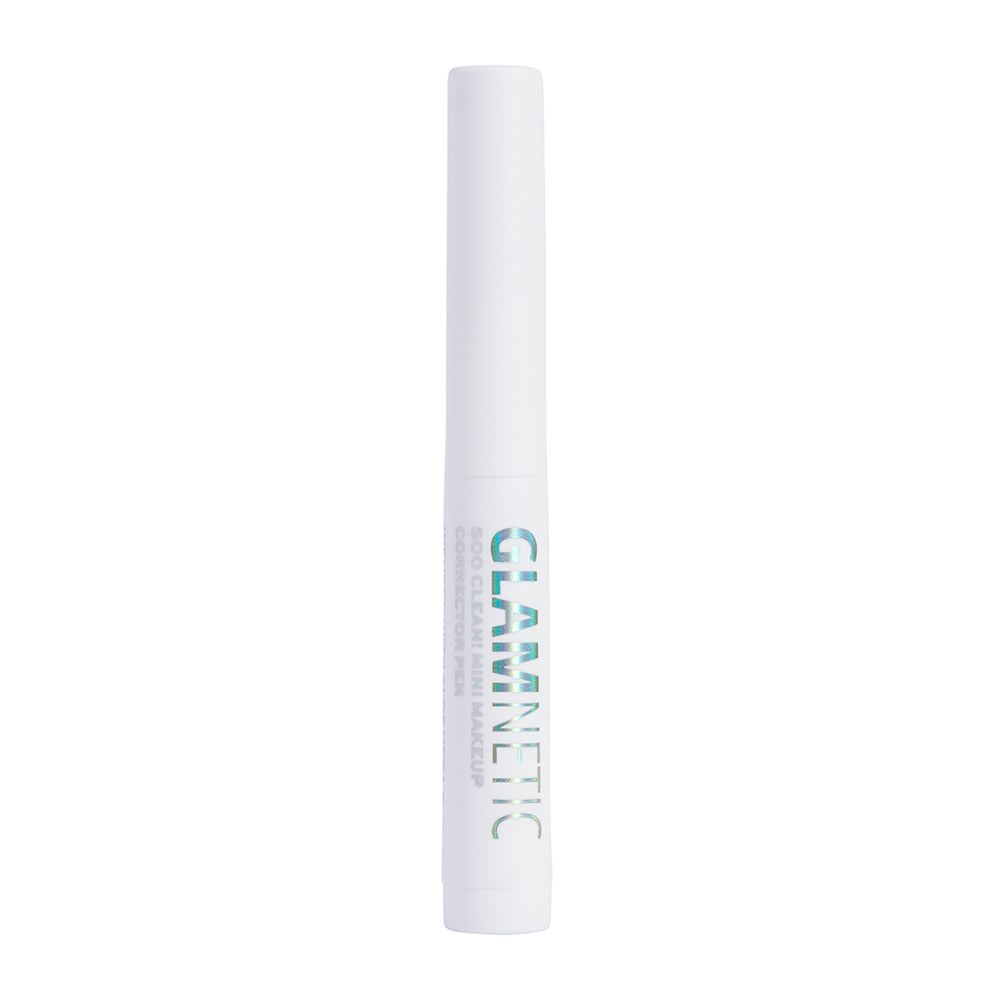 The glamnetic Soo Clean! Mini Pen, a white eyeliner infused with Aloe Vera and holographic branding, is displayed standing upright against a plain white background. - Product image