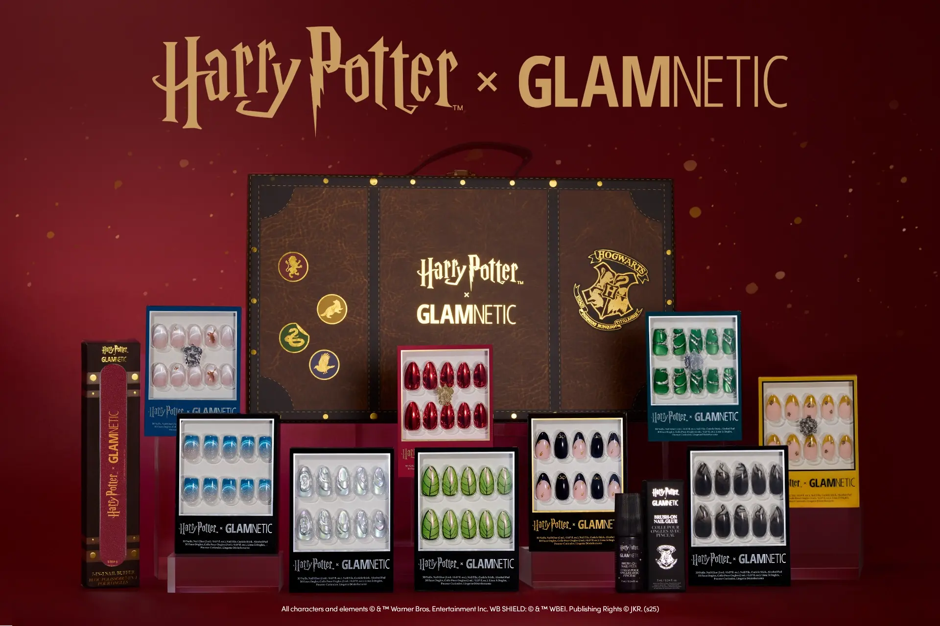 Glamnetic’s Harry Potter press-on nail collection displayed against a red background beneath the ‘Harry Potter x Glamnetic’ logo.